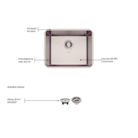 Cuba de embutir Tramontina Design Collection Quadrum Undermount em Aço Inox com Acabamento Scotch Brite 50 U 50X40 cm