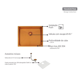 Cuba Tramontina Design Collection Quadrum em Aço Inox com Revestimento PVD Gold 50x40 cm