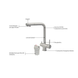 Misturador Monocomando Tramontina Monde Filter Plus em Aço Inox com Saída Adicional para Água Filtrada + Filtro 3M