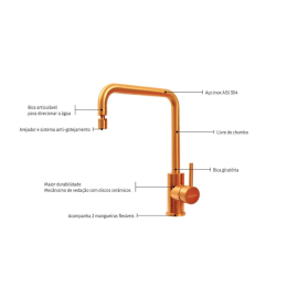 Monocomando Tramontina Angolare em Aço Inox Gold com Bica Articulada com Revestimento PVD