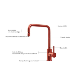 Monocomando Tramontina Angolare em Aço Inox com Bica Articulada com revestimento PVD Rose