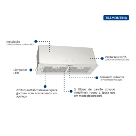 Coifa de Embutir Tramontina Incasso Retangular em Aço Inox 75 cm 220 V